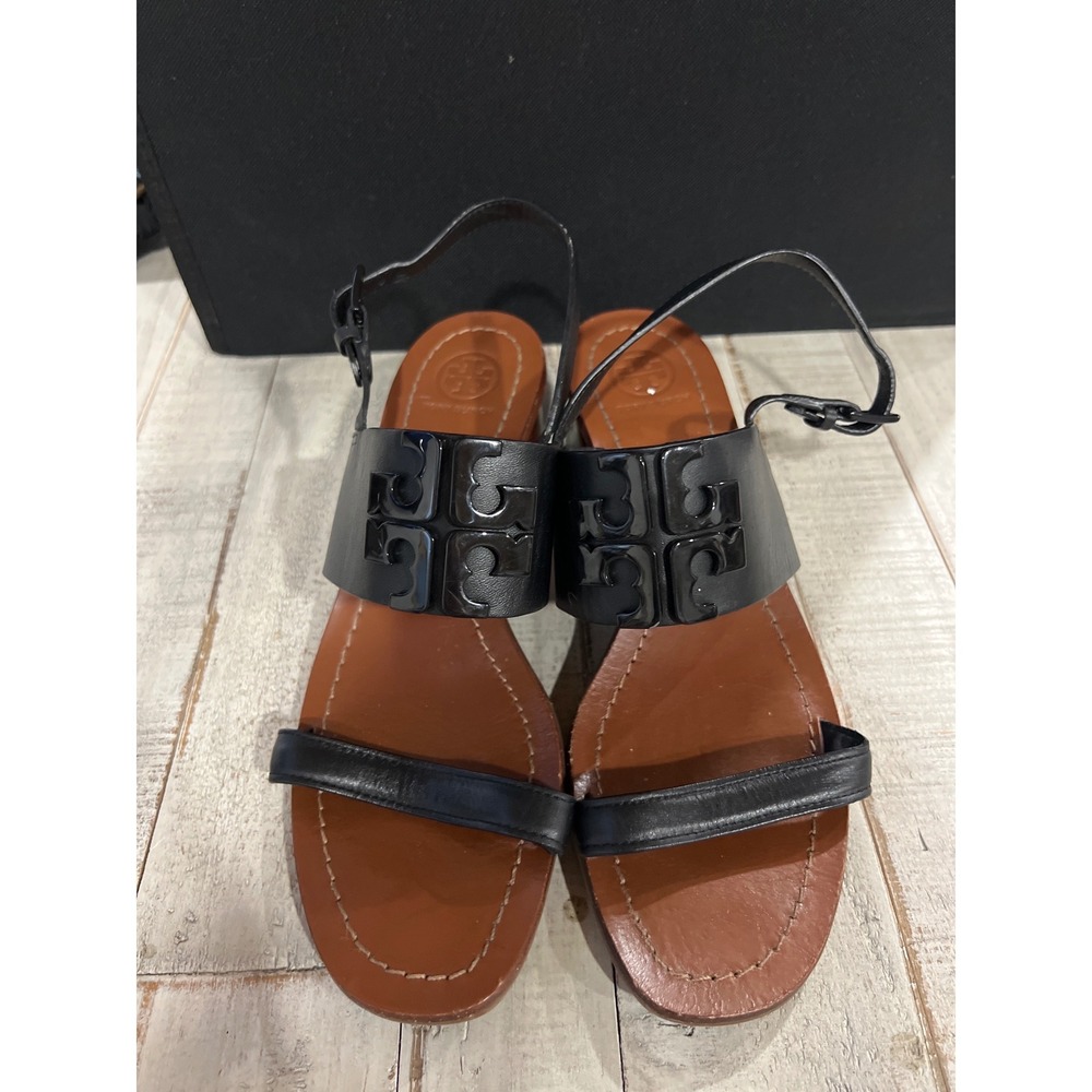 Tory Burch Lowell Black Leather Logo Buckle Block Heel Sandals Womens 8.5M Prepp